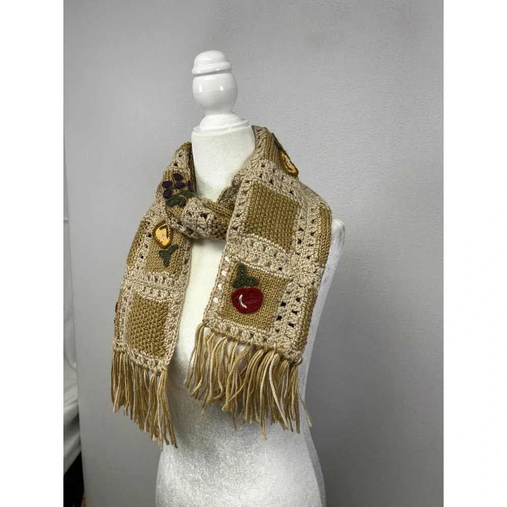 Cottagecore Handmade Women One‎ Size Tan Crochet Fruit Applique Fringe Scarf